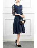Navy Blue Lace Modest Party Dress With Lace Sleeves For Women