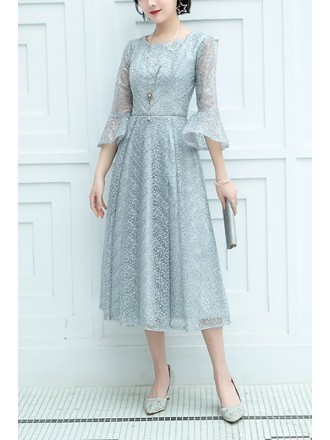 Elegant Tea Length Lace Wedding Party Dress With Flare Sleeves