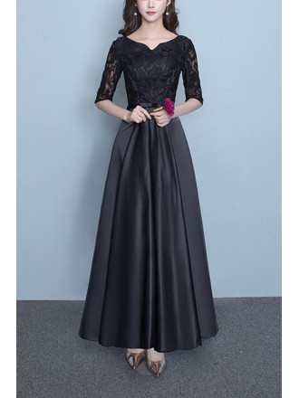 Modest Long Black Party Dress With Lace Half Sleeves
