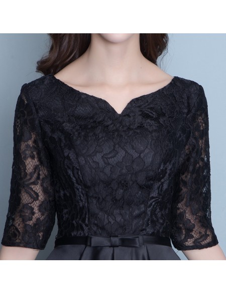 Modest Long Black Party Dress With Lace Half Sleeves