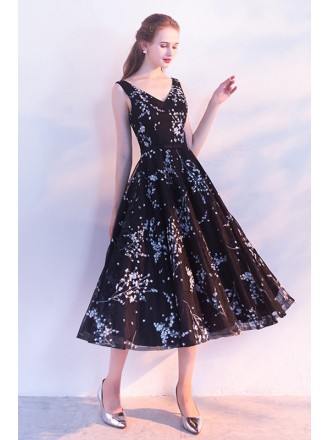 Black Tea Length Homecoming Party Dress Vneck With Laceup