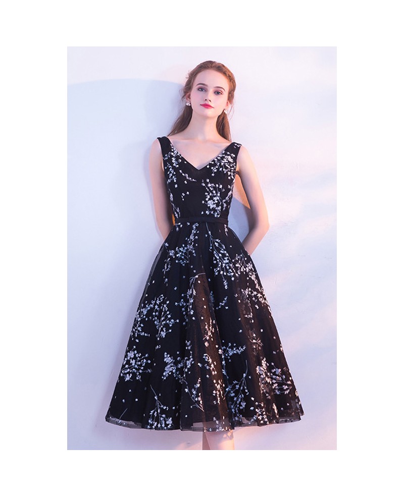 Black Tea Length Homecoming Party Dress Vneck With Laceup J1722 