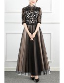 Black Tulle Lace Women Party Dress With Sheer Sleeves
