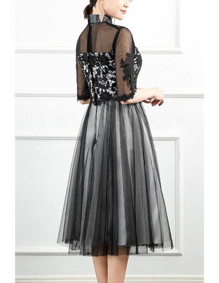 Black Tulle Lace Women Party Dress With Sheer Sleeves