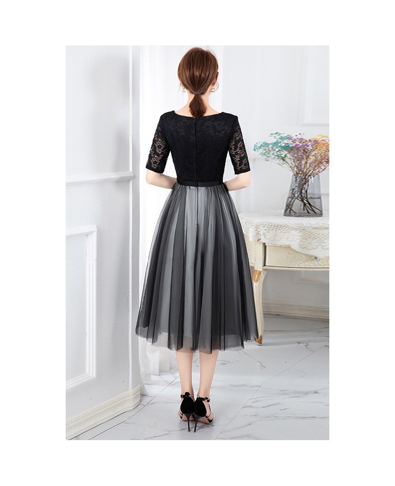 Modest Black Tulle With Lace Party Dress With Sleeves #J1636 - GemGrace.com