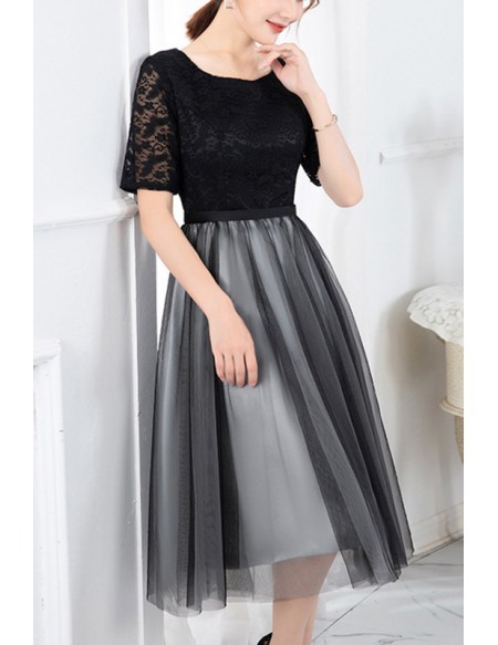 Modest Black Tulle With Lace Party Dress With Sleeves