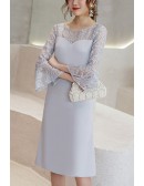 Comfy Grey Knee Length Wedding Guest Dress With Lantern Sleeves