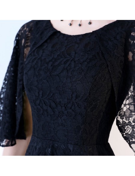 Vintage Chic Black Lace Party Dress Tea Length With Dolman Sleeves