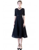 Modest Tea Length Black Lace Homecoming Dress Vneck With Sleeves
