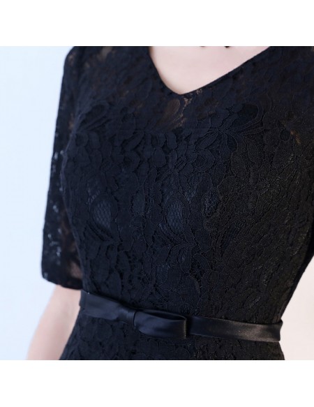 Modest Tea Length Black Lace Homecoming Dress Vneck With Sleeves