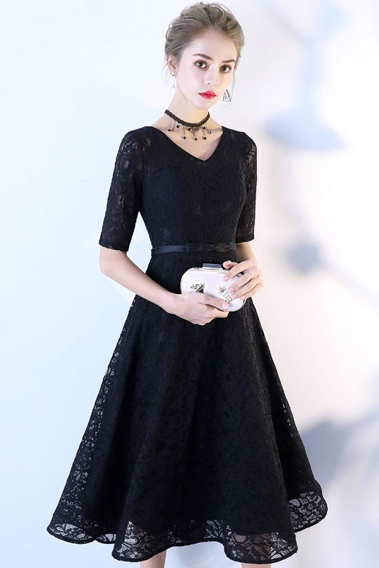 Modest Tea Length Black Lace Homecoming Dress Vneck With Sleeves #J1632 ...