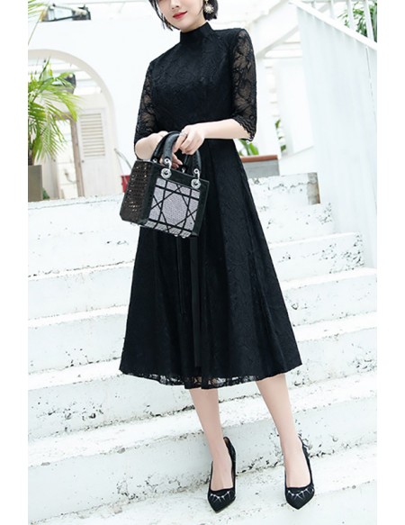 Special Navy Blue Lace Tea Length Party Dress With Bow Knot Sash
