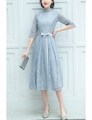 Special Navy Blue Lace Tea Length Party Dress With Bow Knot Sash