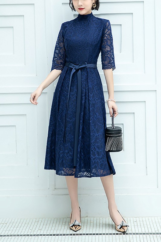 Special Navy Blue Lace Tea Length Party Dress With Bow Knot Sash #J1678 ...