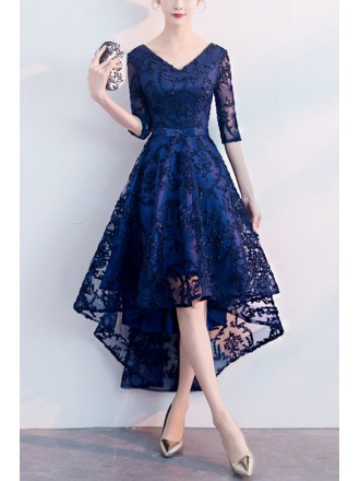 Modest Vneck Navy Homecoming Dress High Low With Sleeves