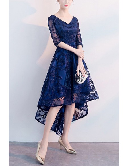 Modest Vneck Navy Homecoming Dress High Low With Sleeves