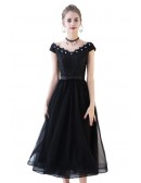 Black Tulle Retro Tea Length Homecoming Dress With Cap Sleeves