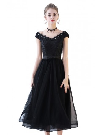 Black Tulle Retro Tea Length Homecoming Dress With Cap Sleeves