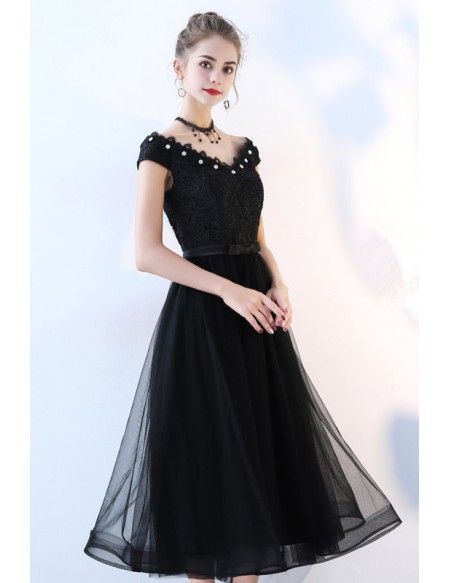 Black Tulle Retro Tea Length Homecoming Dress With Cap Sleeves #J1631 ...