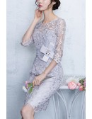 Grey Lace Sheath Party Dress With Lace Sleeves