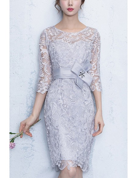 Grey Lace Sheath Party Dress With Lace Sleeves