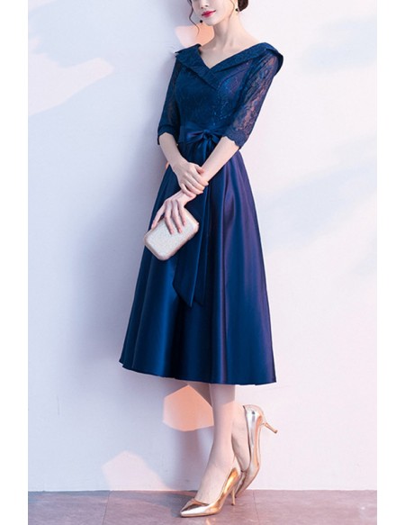 Modest Navy Blue Tea Length Wedding Guest Party Dress With Half Sleeves