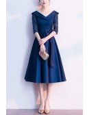 Modest Navy Blue Tea Length Wedding Guest Party Dress With Half Sleeves