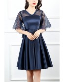 Navy Blue Short Pleated Homecoming Dress Vneck With Sleeves