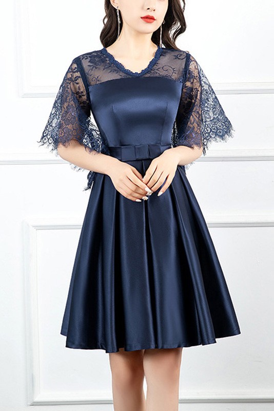 homecoming midnight blue dress Navy Blue Spaghetti Strap Homecoming Dresses Lace Applique Back to Sch –  vigocouture main image 0