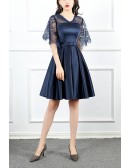 Navy Blue Short Pleated Homecoming Dress Vneck With Sleeves