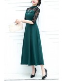 Modest High Neck Green Midi Party Dress With Sleeves