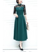 Modest High Neck Green Midi Party Dress With Sleeves