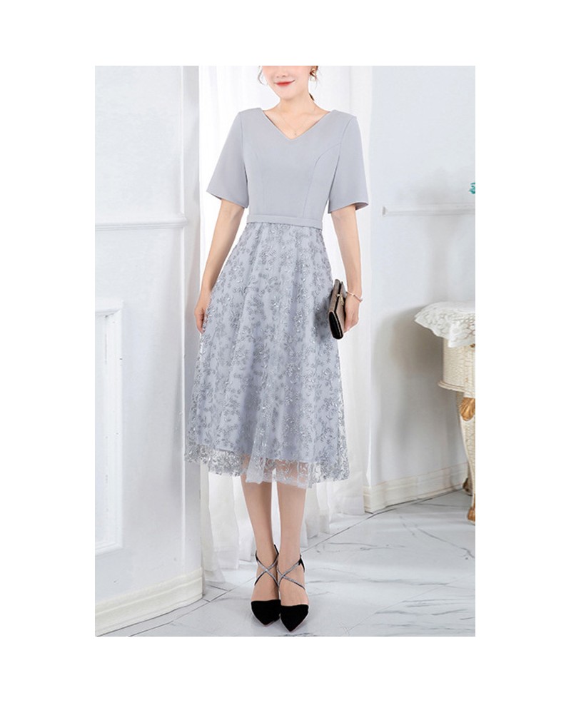 Modest Womens Grey Lace Wedding Guest Dress With Short Sleeves J1637 GemGrace