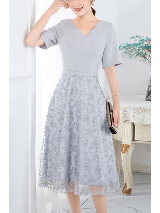 Modest Womens Grey Lace Wedding Guest Dress With Short Sleeves
