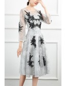 Grey With Black Lace Women Wedding Party Dress With Sheer Sleeves