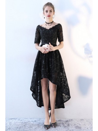 Gorgeous Black Lace High Low Homecoming Party Dress With Sleeves
