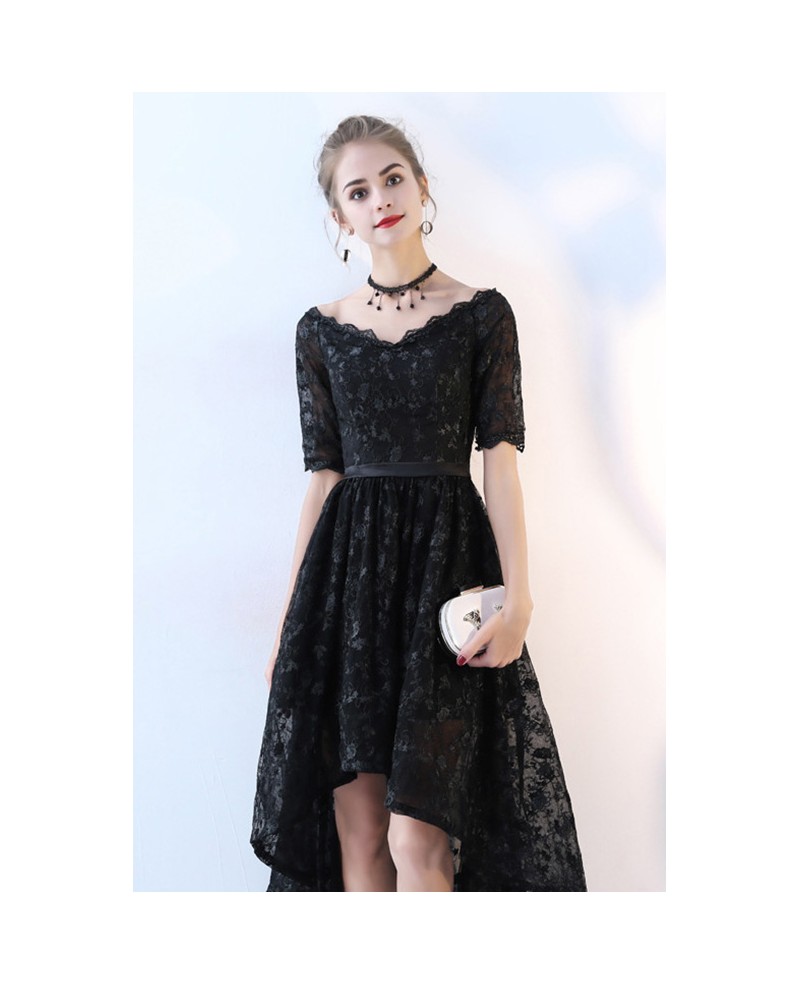 Gorgeous Black Lace High Low Homecoming Party Dress With Sleeves #J1630 ...