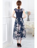 Navy Blue Embroidered Tea Length Wedding Party Dress Guests With Cap Sleeves