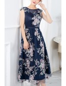 Navy Blue Embroidered Tea Length Wedding Party Dress Guests With Cap Sleeves