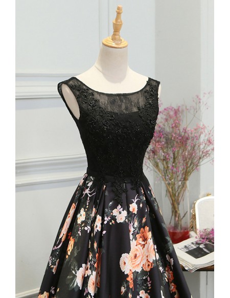 Unique Floral Prints Long Black Prom Dress Sleeveless