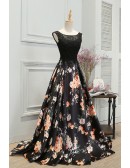 Unique Floral Prints Long Black Prom Dress Sleeveless