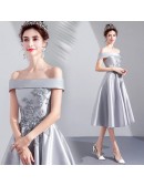 Off Shoulder Silver Homecoming Dress With Appliques