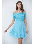 Lovely A-Line Off-the-Shoulder Lace Chiffon Short Homecoming Dress With Sleeves