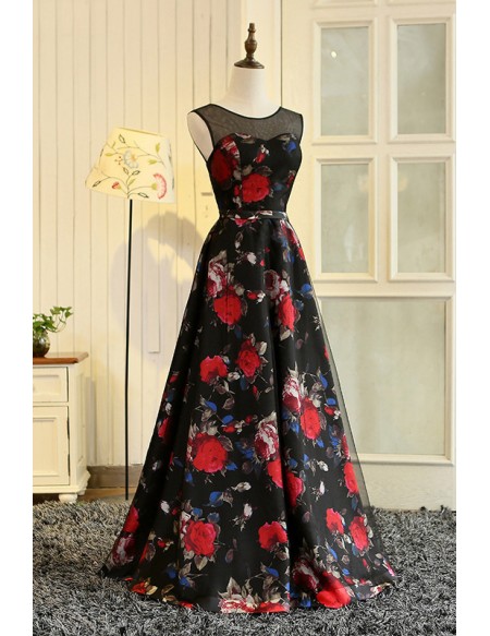 Unique Floral Printed Long Party Prom Dress Sleeveless