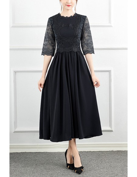 Modest Navy Blue Lace Tea Length Wedding Guest Dress With Lace Sleeves ...