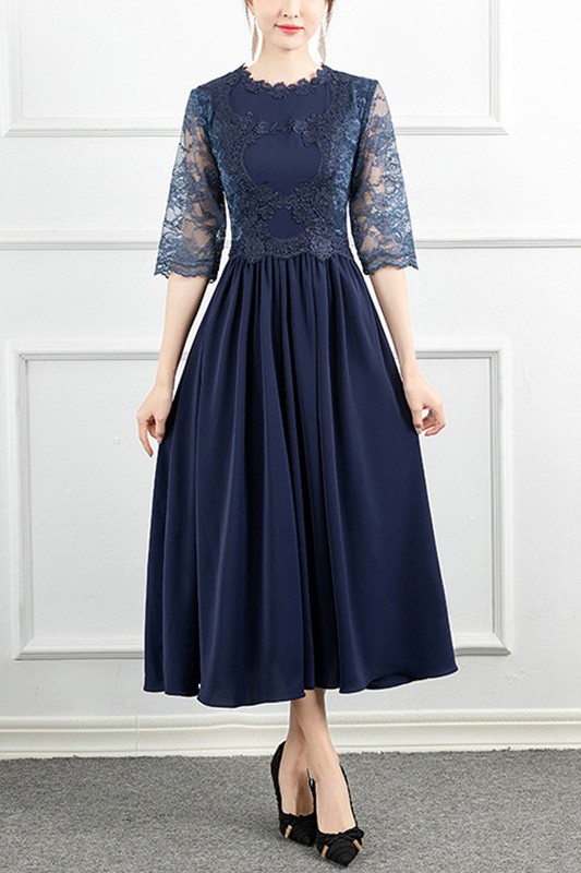 Modest Navy Blue Lace Tea Length Wedding Guest Dress With Lace Sleeves ...