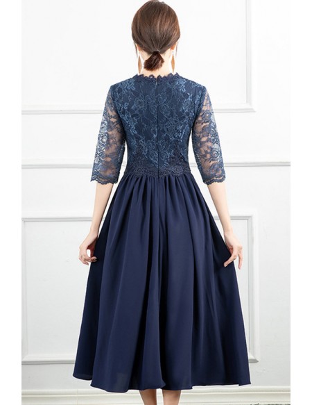 Modest Navy Blue Lace Tea Length Wedding Guest Dress With Lace Sleeves