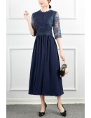 Modest Navy Blue Lace Tea Length Wedding Guest Dress With Lace Sleeves