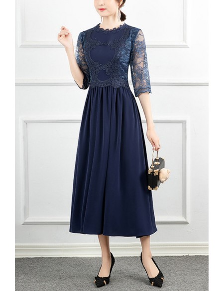 Modest Navy Blue Lace Tea Length Wedding Guest Dress With Lace Sleeves ...