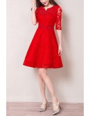 Sequined Lace Aline Red Homecoming Dress With Half Sleeves